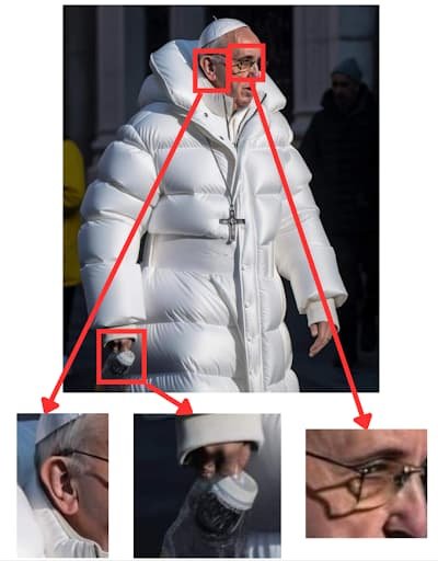 Imágen realizada con inteligancia artificial del papa usando ropa de marca, tuvo un gran impacto mediatico y es un buen ejemplo de desinformación.